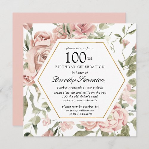 Dusty Pink Rose Floral 100th Birthday Invitation