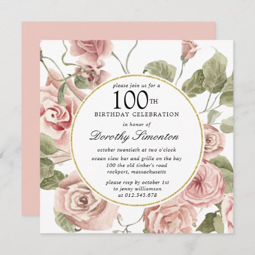 Dusty Pink Rose Floral 100th Birthday Invitation