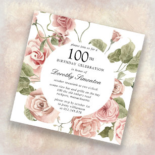 Dusty Pink Rose Floral 100th Birthday Invitation