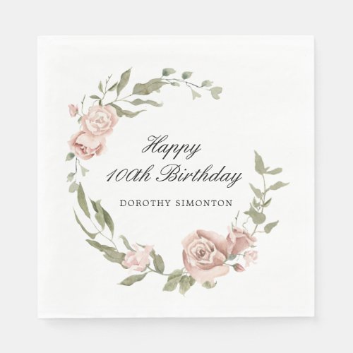 Dusty Pink Rose Floral 100th Birthday  Napkins