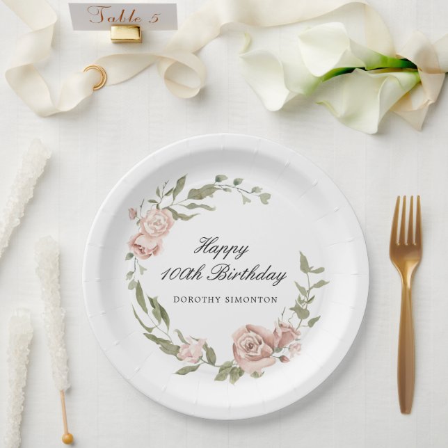 Dusty Pink Rose Floral 100th Birthday  Paper Plates (Wedding)
