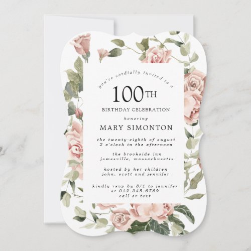 Dusty Pink Rose Floral 100th Birthday Party Invita Invitation