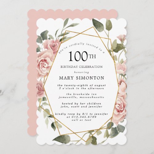 Dusty Pink Rose Floral 100th Birthday Party Invitation