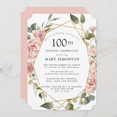 Dusty Pink Rose Floral 100th Birthday Party Invitation