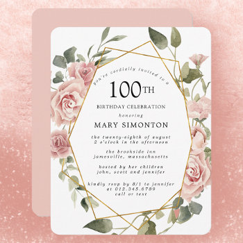 Dusty Pink Rose Floral 100th Birthday Party Invitation by Celebrais at Zazzle