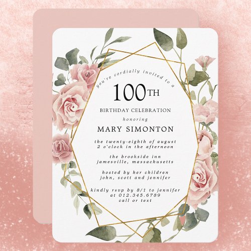 Dusty Pink Rose Floral 100th Birthday Party Invitation