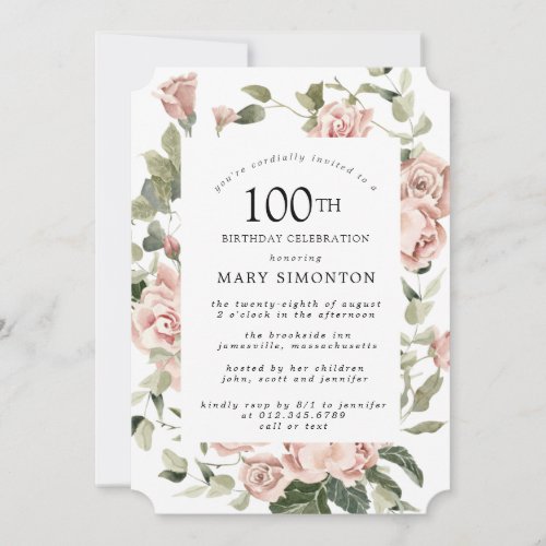 Dusty Pink Rose Floral 100th Birthday Party  Invitation