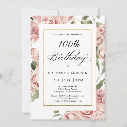 Dusty Pink Rose Floral 100th Birthday Party Invitation