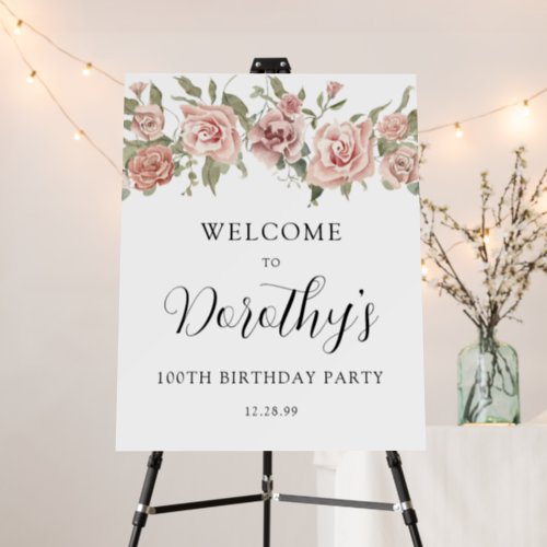 Dusty Pink Rose Floral 100th Birthday Welcome  Foam Board