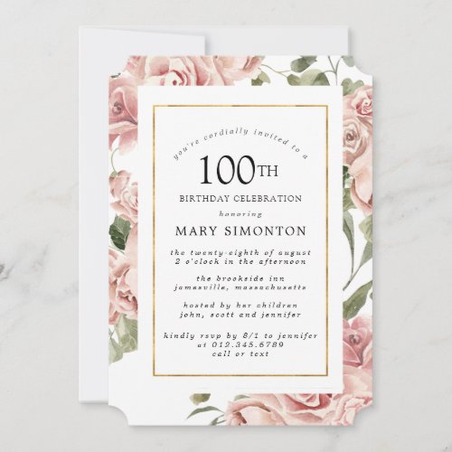 Dusty Pink Rose Floral 100th Gold Birthday Party Invitation