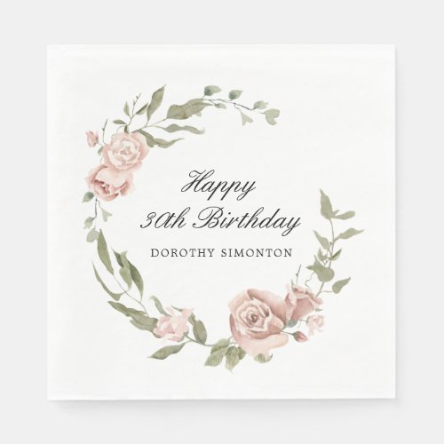 Dusty Pink Rose Floral 30th Birthday  Napkins