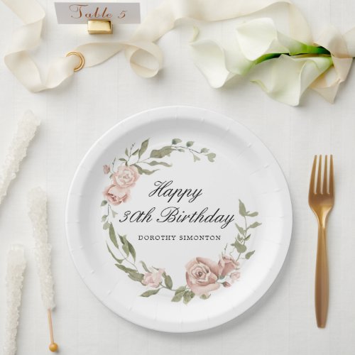 Dusty Pink Rose Floral 30th Birthday  Paper Plates