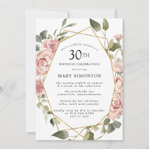 Dusty Pink Rose Floral 30th Birthday Party Invitation