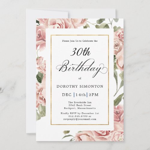 Dusty Pink Rose Floral 30th Birthday Party Invitation