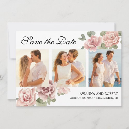 Dusty Pink Rose Floral 3 Photo Modern Wedding Save The Date