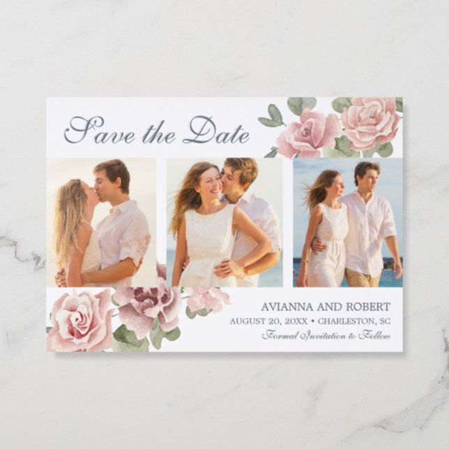 Dusty Pink Rose Floral 3-Photo Save the Date Letterpress Photo Cards (Front)