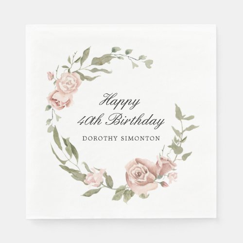 Dusty Pink Rose Floral 40th Birthday  Napkins