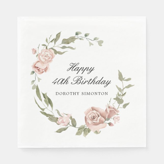 Dusty Pink Rose Floral 40th Birthday  Napkins (Front)