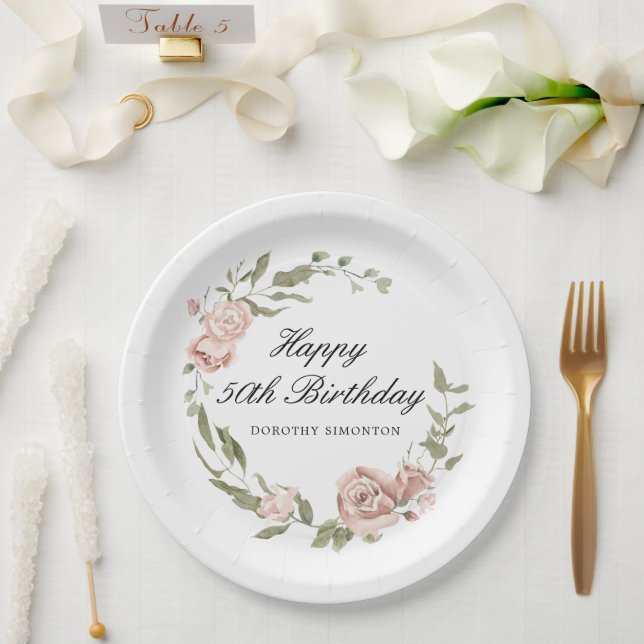 Dusty Pink Rose Floral 50th Birthday  Paper Plates (Wedding)