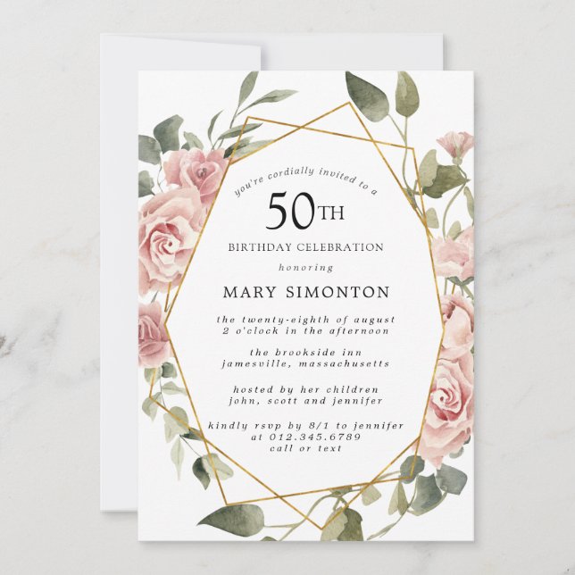 Dusty Pink Rose Floral 50th Birthday Party Invitation (Front)