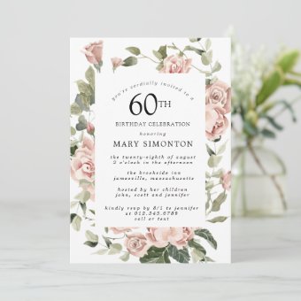 Dusty Pink Rose Floral 60th Birthday Party Invitation | Zazzle