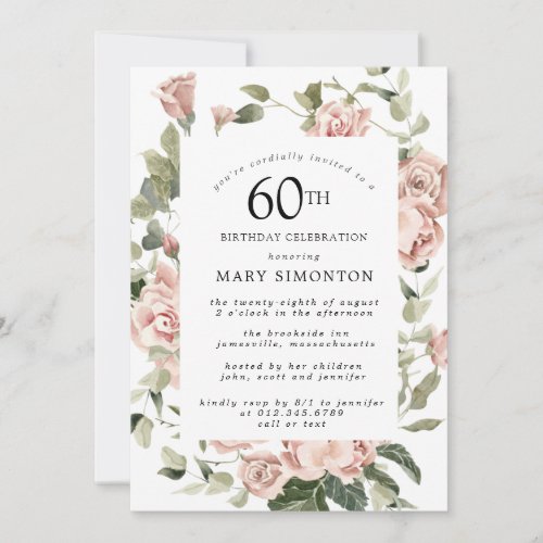 Dusty Pink Rose Floral 60th Birthday Party  Invitation