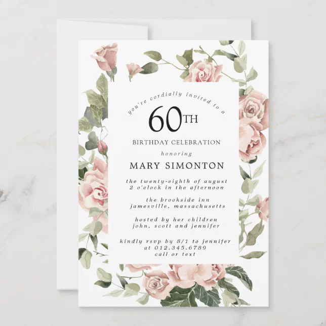 Dusty Pink Rose Floral 60th Birthday Party Invitation | Zazzle