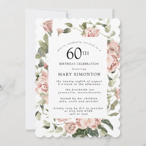 Dusty Pink Rose Floral 60th Birthday Party Invitation