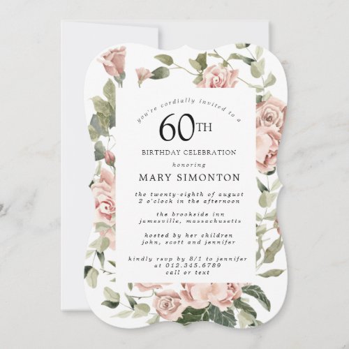 Dusty Pink Rose Floral 60th Birthday Party Invitation