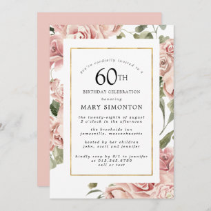 Dusty Pink Rose Floral 60th Gold Birthday Party Invitation