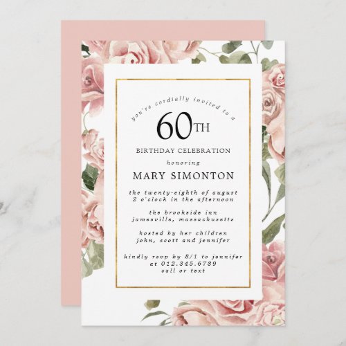 Dusty Pink Rose Floral 60th Gold Birthday Party Invitation