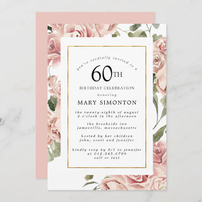 Dusty Pink Rose Floral 60th Gold Birthday Party Invitation | Zazzle