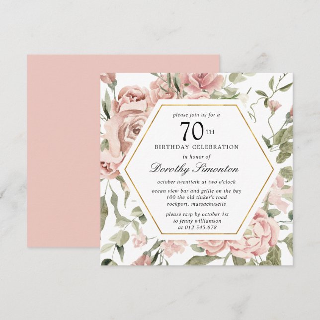 Dusty Pink Rose Floral 70th Birthday Invitation (Front/Back)
