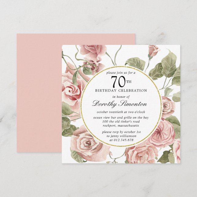 Dusty Pink Rose Floral 70th Birthday Invitation (Front/Back)