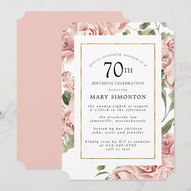 Dusty Pink Rose Floral 70th Gold Birthday Party Invitation (Front/Back)