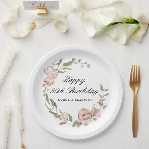 Dusty Pink Rose Floral 80th Birthday  Paper Plates