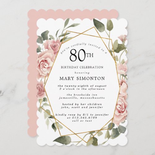 Dusty Pink Rose Floral 80th Birthday Party Invitat Invitation