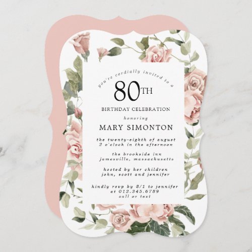 Dusty Pink Rose Floral 80th Birthday Party Invitation