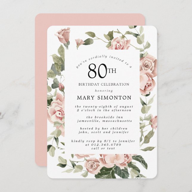 Dusty Pink Rose Floral 80th Birthday Party Invitation (Front/Back)