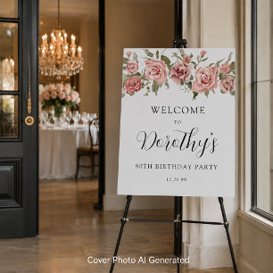 Dusty Pink Rose Floral 80th Birthday Welcome Foam Board
