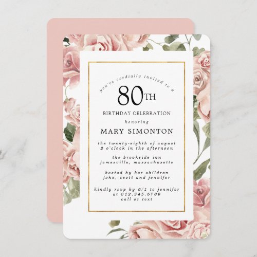 Dusty Pink Rose Floral 80th Gold Birthday Party Invitation