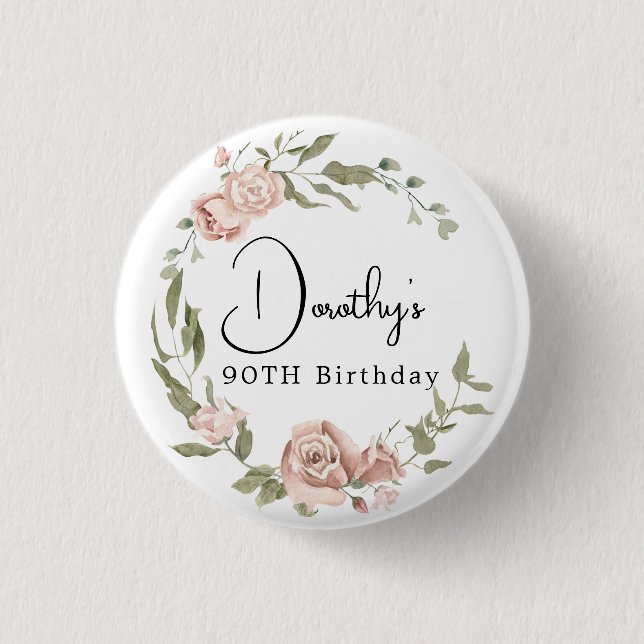 Dusty Pink Rose Floral 90th Birthday Button (Front)