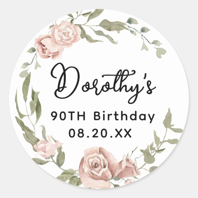 Dusty Pink Rose Floral 90th Birthday Envelope Seal (Front)