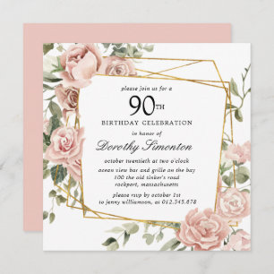 Dusty Pink Rose Floral 90th Birthday Invitation