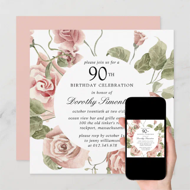 Dusty Pink Rose Floral 90th Birthday Invitation | Zazzle