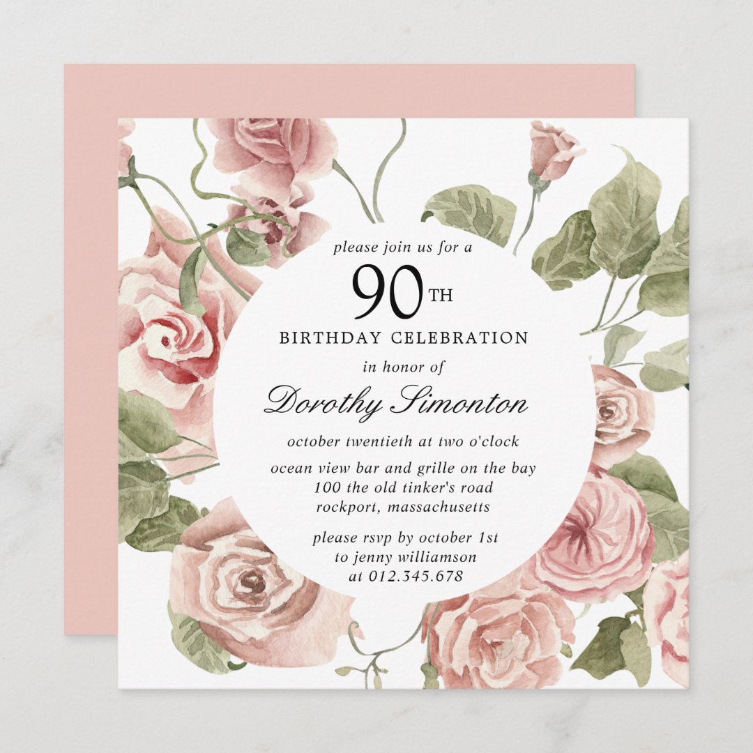 Dusty Pink Rose Floral 90th Birthday Invitation | Zazzle