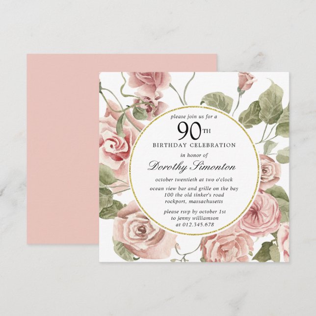 Dusty Pink Rose Floral 90th Birthday Invitation (Front/Back)
