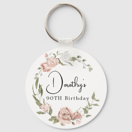 Dusty Pink Rose Floral 90th Birthday Keychain