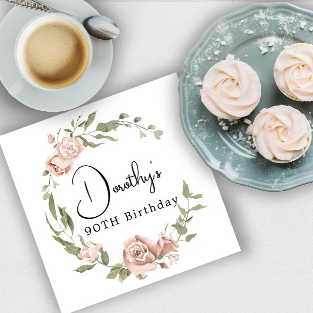 Dusty Pink Rose Floral 90th Birthday Napkins (Creator Uploaded)