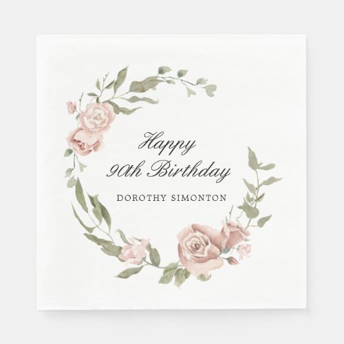 Dusty Pink Rose Floral 90th Birthday  Napkins